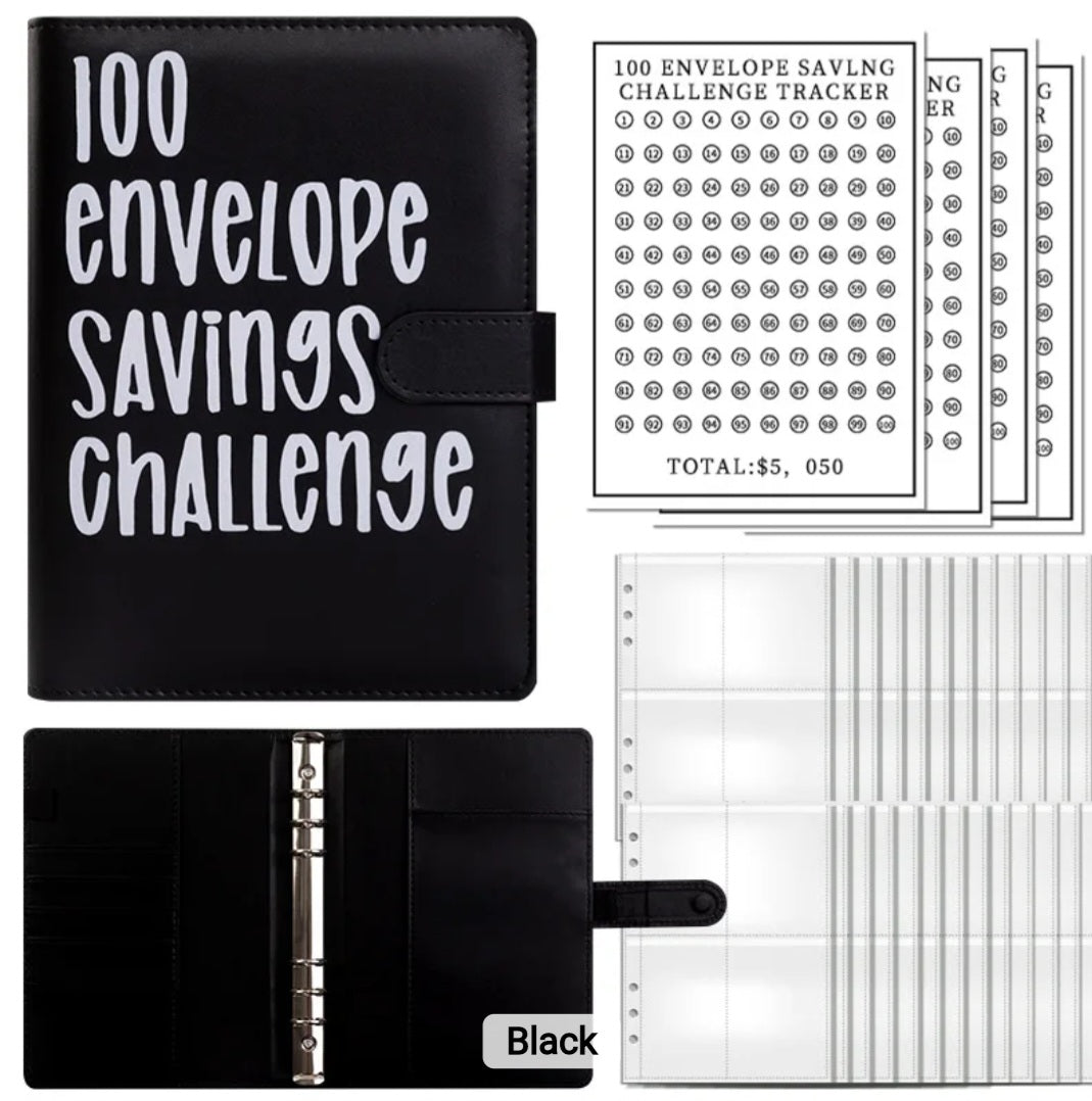 Black-Color, 100 Envelope money savings challenge, Budget binder/book, with stuffing cash envelopes, sinking funds cash, debt goals payoff
