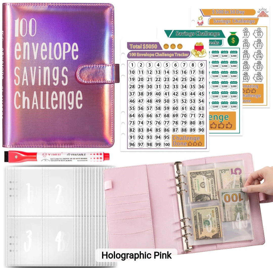 Holographic Pink-Color, 100 Envelope money savings challenge, Budget binder/book, with stuffing cash envelopes, sinking funds cash, debt goals payoff