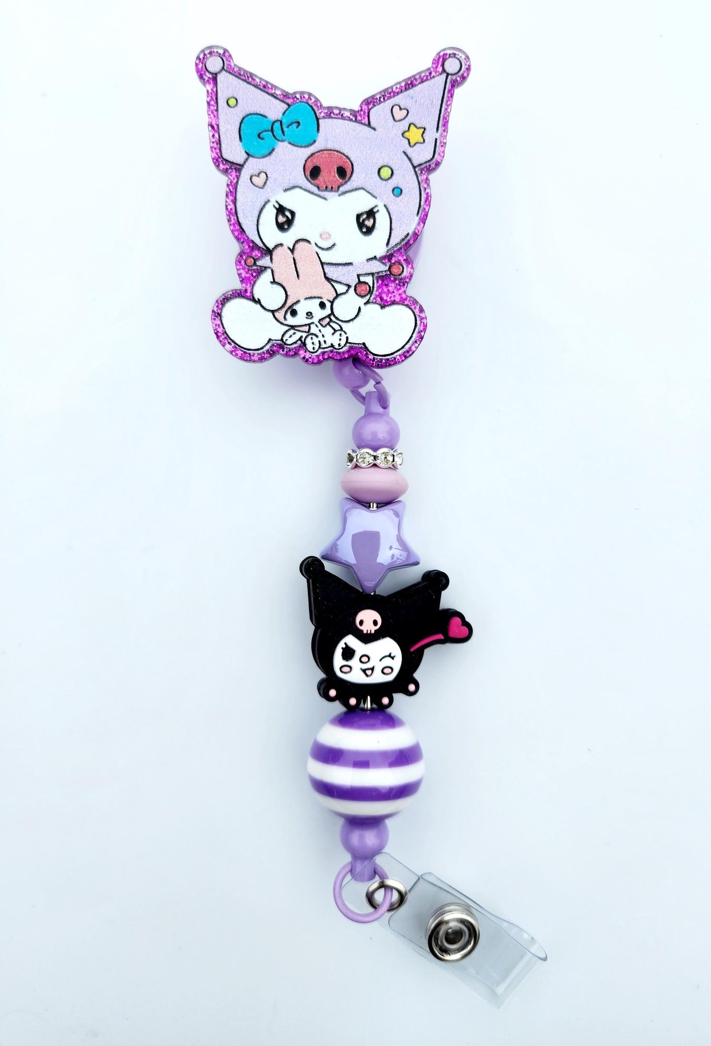 Kuku kuromi Character Beaded Badge Reel, Retractable ID, Medical Healthcare Nurse Badge teacher clip pin holder, Gifts