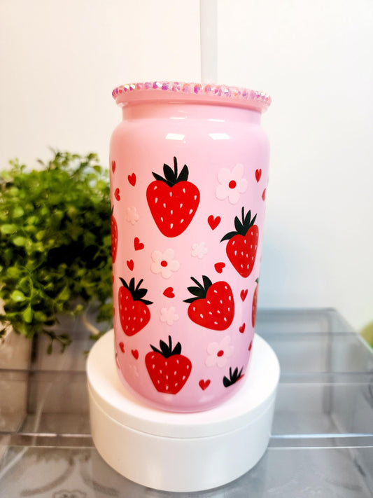 Strawberries Cup/Tumbler/Can, (16 oz.) Comes with rhinestone lid and straw