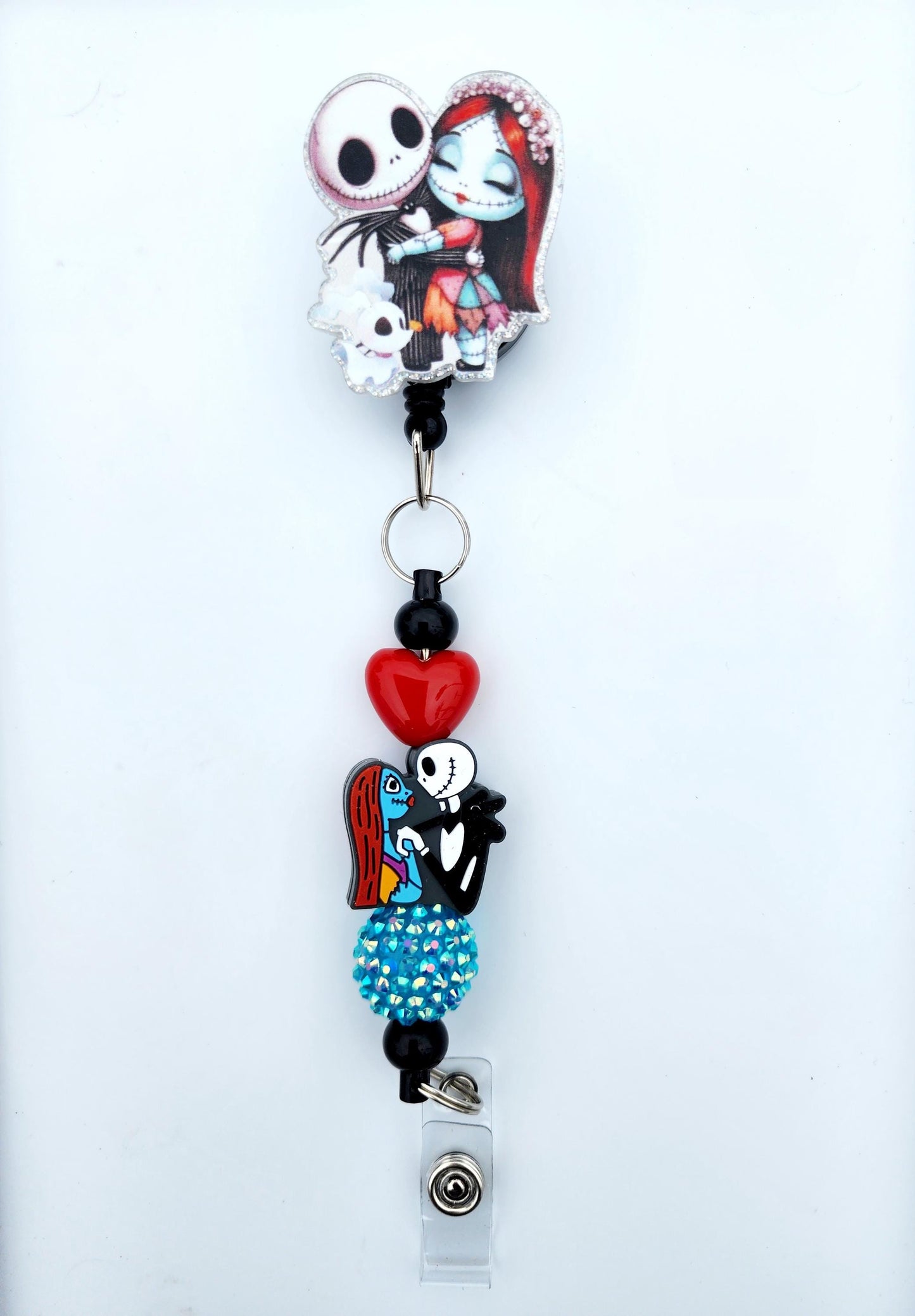 Jack and Sally Character Beaded Badge Reel, Retractable ID, Medical Healthcare Nurse Badge teacher clip pin holder, Gifts