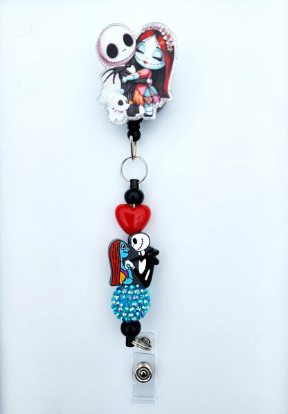 Jack and Sally Character Beaded Badge Reel, Retractable ID, Medical Healthcare Nurse Badge teacher clip pin holder, Gifts