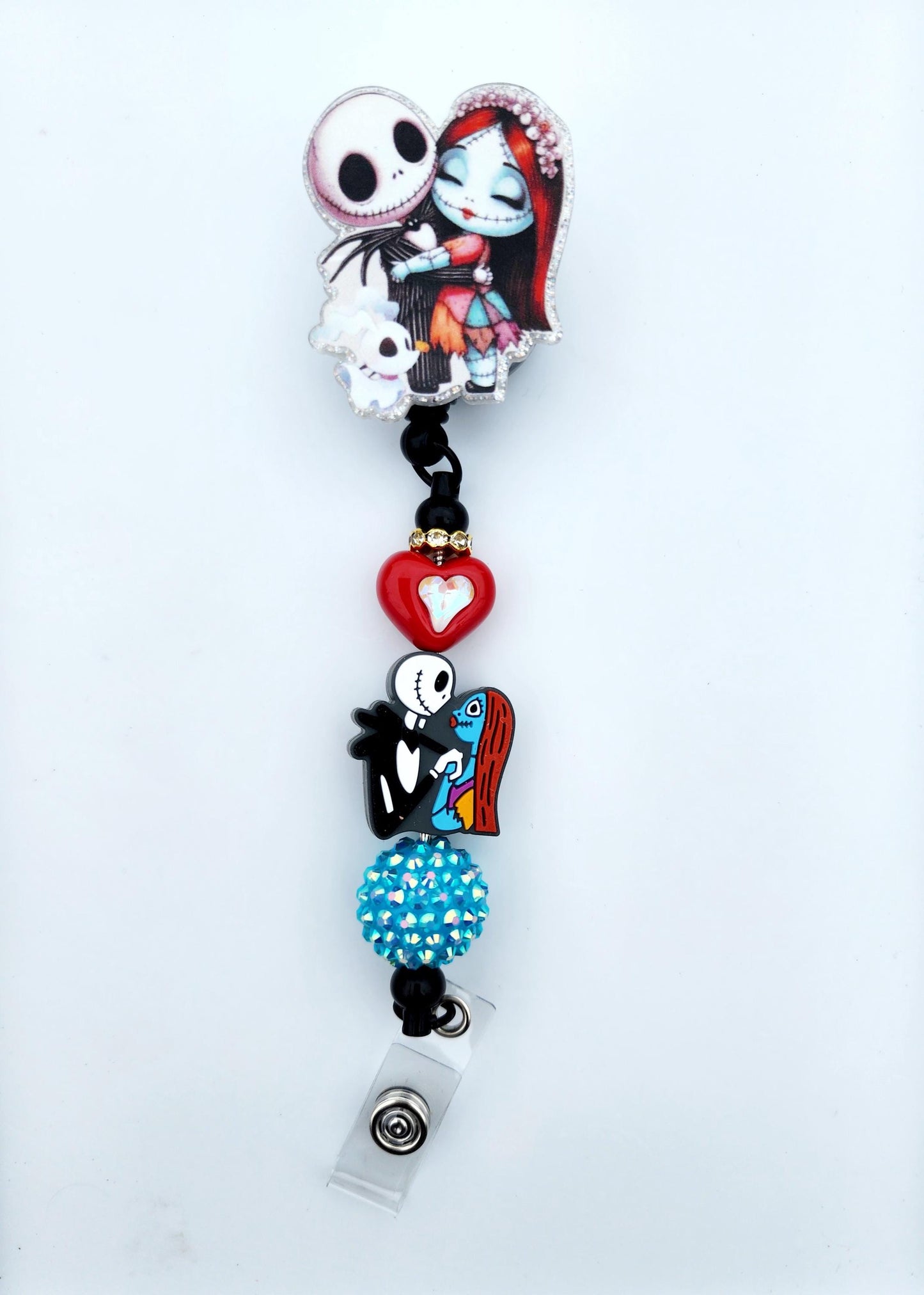Jack and Sally Character Beaded Badge Reel, Retractable ID, Medical Healthcare Nurse Badge teacher clip pin holder, Gifts