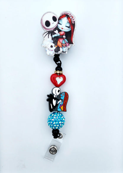 Jack and Sally Character Beaded Badge Reel, Retractable ID, Medical Healthcare Nurse Badge teacher clip pin holder, Gifts