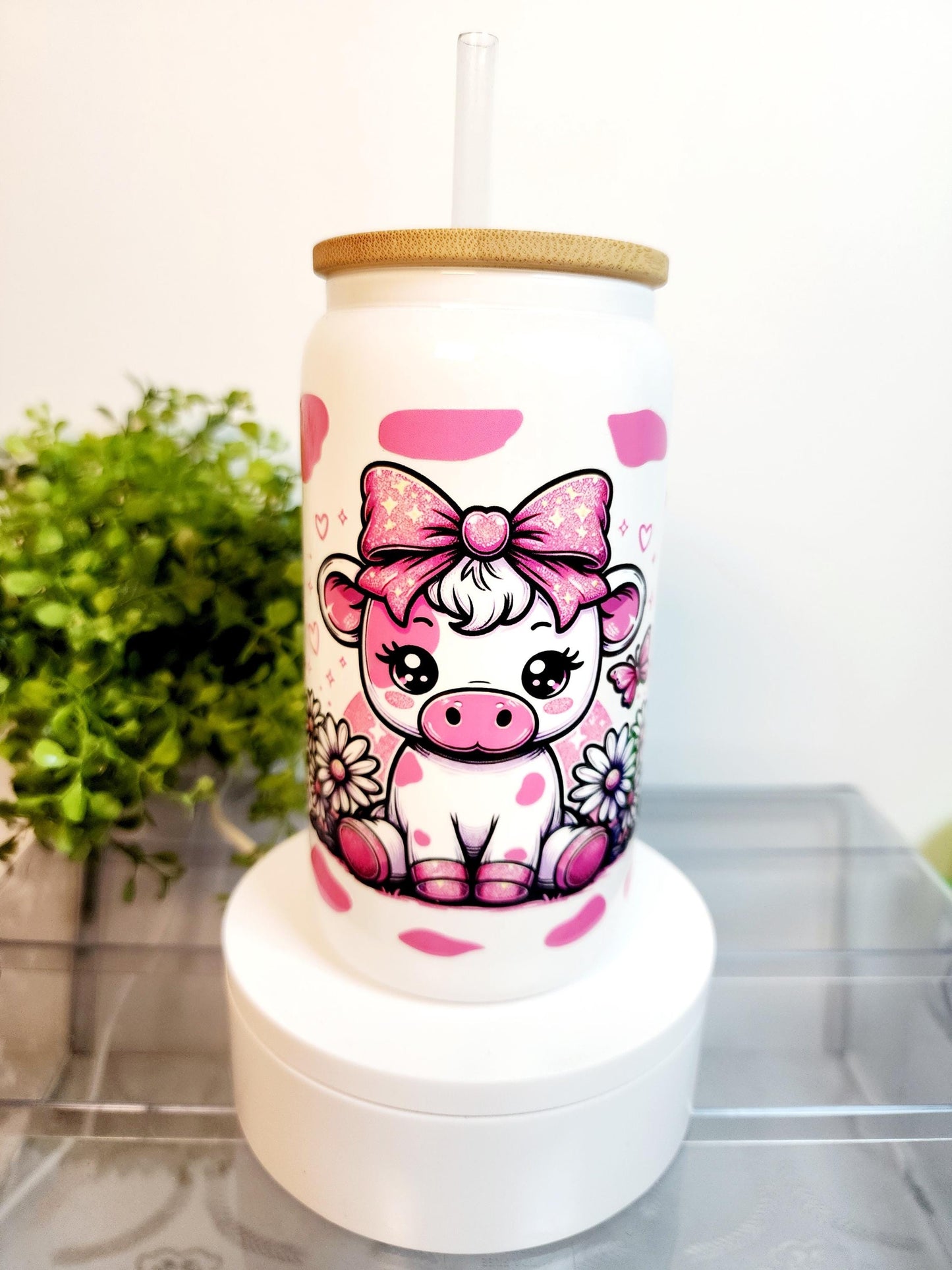Pink Cow Cup/Tumbler/Can, (16 oz.) Comes with bamboo lid and straw