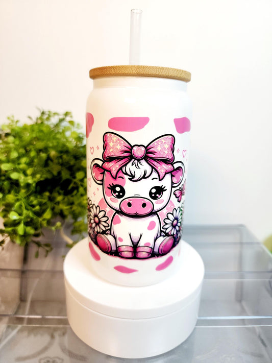 Pink Cow Cup/Tumbler/Can, (16 oz.) Comes with bamboo lid and straw
