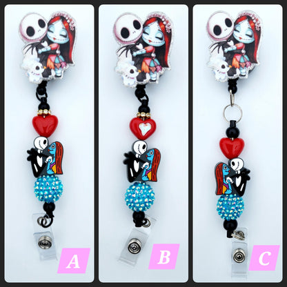 Jack and Sally Character Beaded Badge Reel, Retractable ID, Medical Healthcare Nurse Badge teacher clip pin holder, Gifts