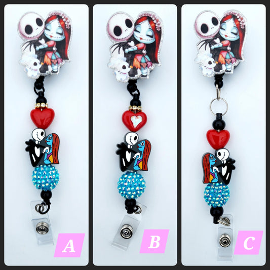 Jack and Sally Character Beaded Badge Reel, Retractable ID, Medical Healthcare Nurse Badge teacher clip pin holder, Gifts