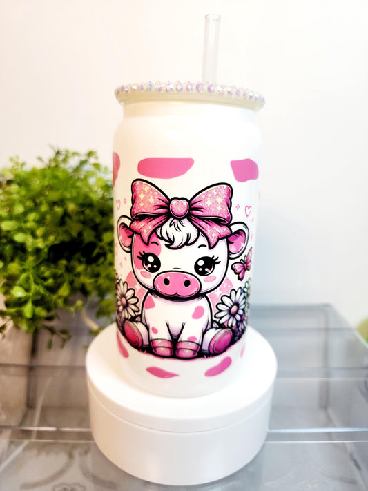 Pink Cow Blue Cup/Tumbler/Can, (16 oz.) Comes with rhinestone lid and straw