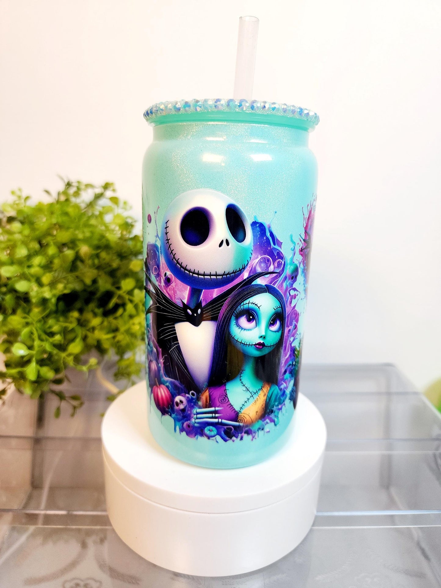 Jack and Sally Cup/Tumbler/Can, (16 oz.) Comes with rhinestone lid and straw