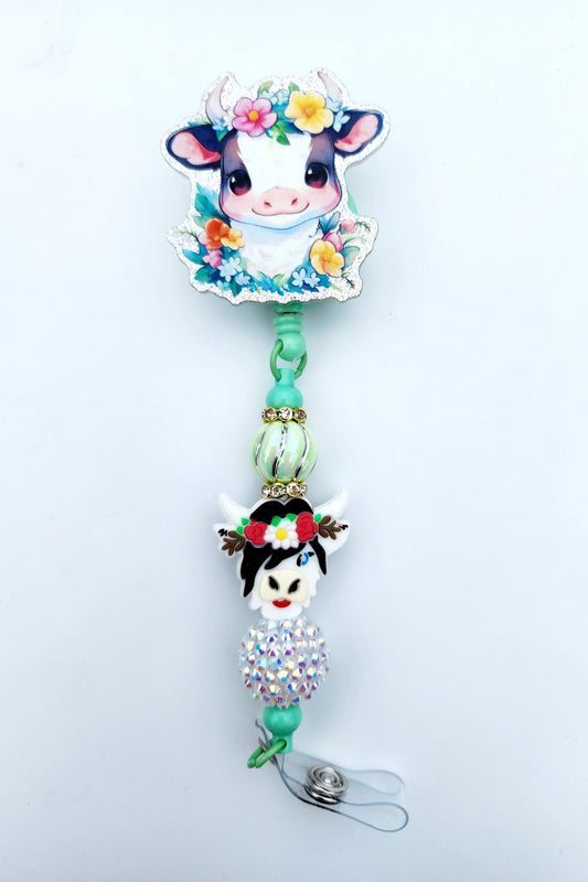Cow Character Beaded Badge Reel, Retractable ID, Medical Healthcare Nurse Badge teacher clip pin holder, Gifts