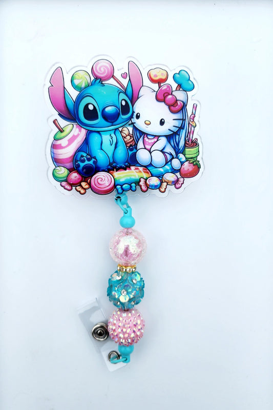 HK Hello kitty Stitch Character Beaded Badge Reel, Retractable ID, Medical Healthcare Nurse Badge teacher clip pin holder, Gifts