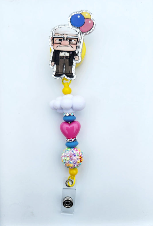 Up Movie Carl Character Beaded Badge Reel, Retractable ID, Medical Healthcare Nurse Badge teacher clip pin holder, Gifts