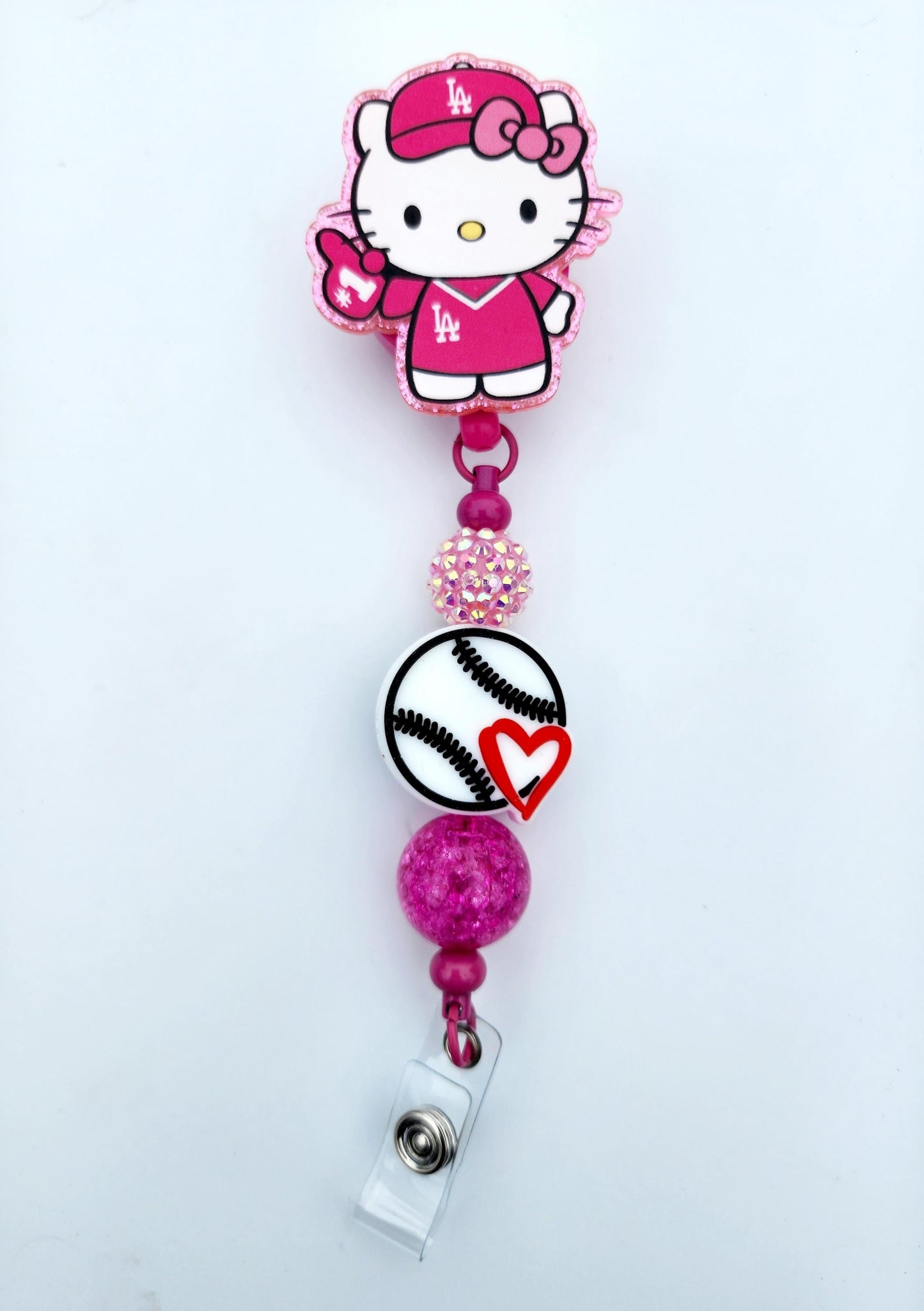 HK Hello Kitty Dodgers pink Character Beaded Badge Reel, Retractable ID, Medical Healthcare Nurse Badge teacher clip pin holder, Gifts