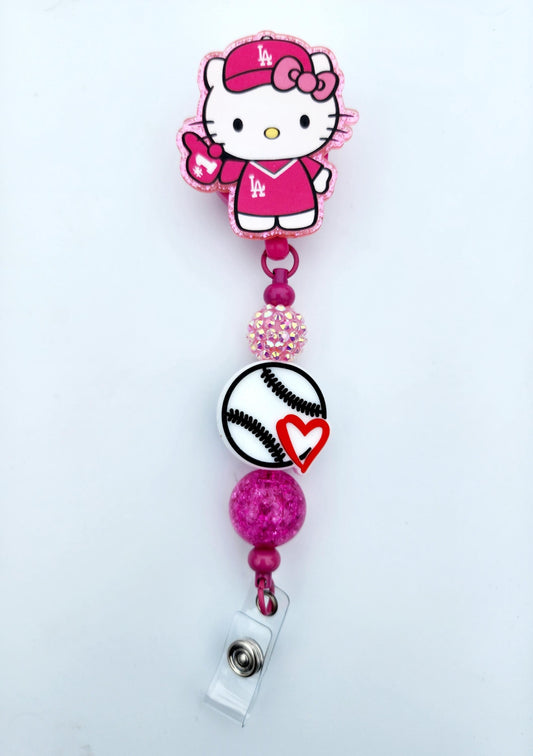 HK Hello Kitty Dodgers pink Character Beaded Badge Reel, Retractable ID, Medical Healthcare Nurse Badge teacher clip pin holder, Gifts