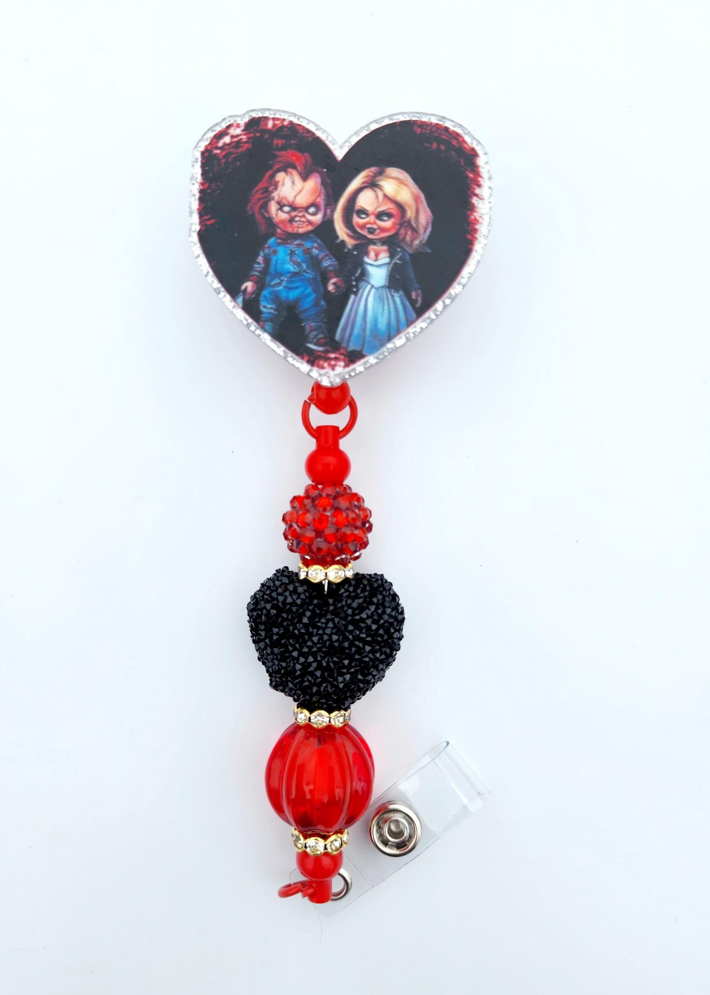 Chucky and Tiffany Character Beaded Badge Reel, Retractable ID, Medical Healthcare Nurse Badge teacher clip pin holder, Gifts
