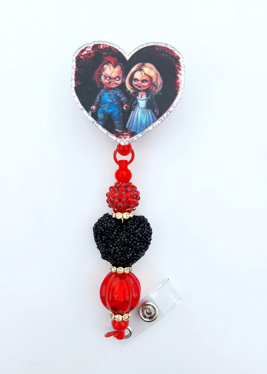 Chucky and Tiffany Character Beaded Badge Reel, Retractable ID, Medical Healthcare Nurse Badge teacher clip pin holder, Gifts