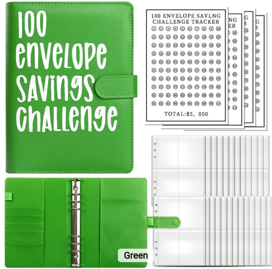 Green-Color, 100 Envelope money savings challenge, Budget binder/book, with stuffing cash envelopes, sinking funds cash, debt goals payoff