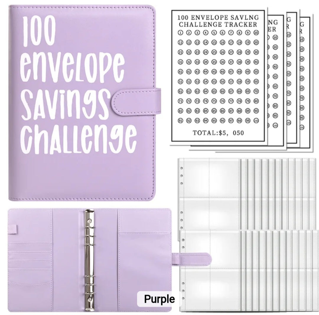 Purple-Color, 100 Envelope money savings challenge, Budget binder/book, with stuffing cash envelopes, sinking funds cash, debt goals payoff