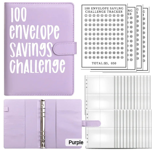 Purple-Color, 100 Envelope money savings challenge, Budget binder/book, with stuffing cash envelopes, sinking funds cash, debt goals payoff