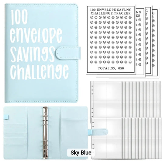 Blue-Color, 100 Envelope money savings challenge, Budget binder/book, with stuffing cash envelopes, sinking funds cash, debt goals payoff
