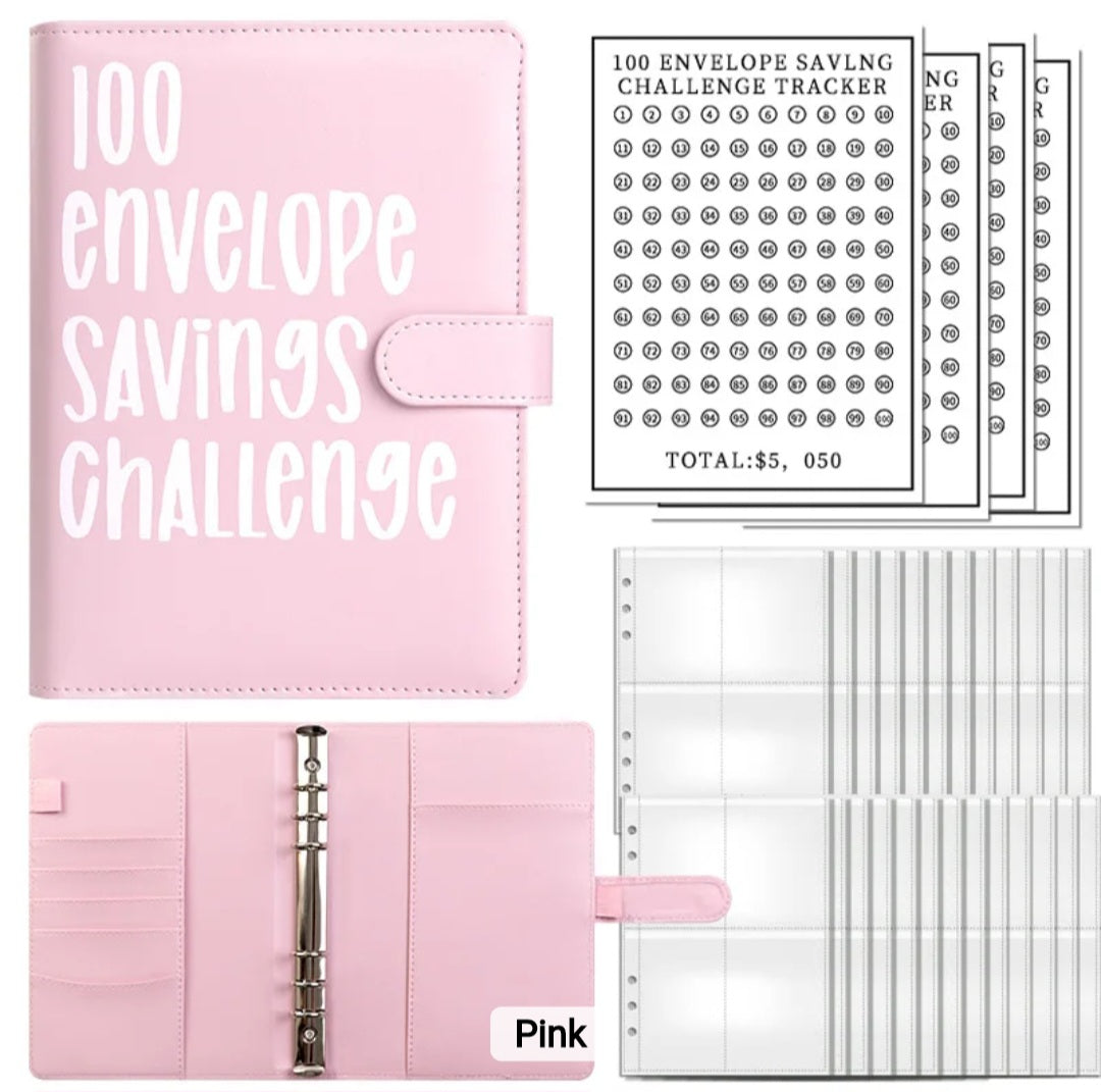 Pink-Color, 100 Envelope money savings challenge, Budget binder/book, with stuffing cash envelopes, sinking funds cash, debt goals payoff