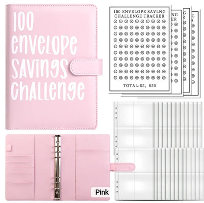 Pink-Color, 100 Envelope money savings challenge, Budget binder/book, with stuffing cash envelopes, sinking funds cash, debt goals payoff