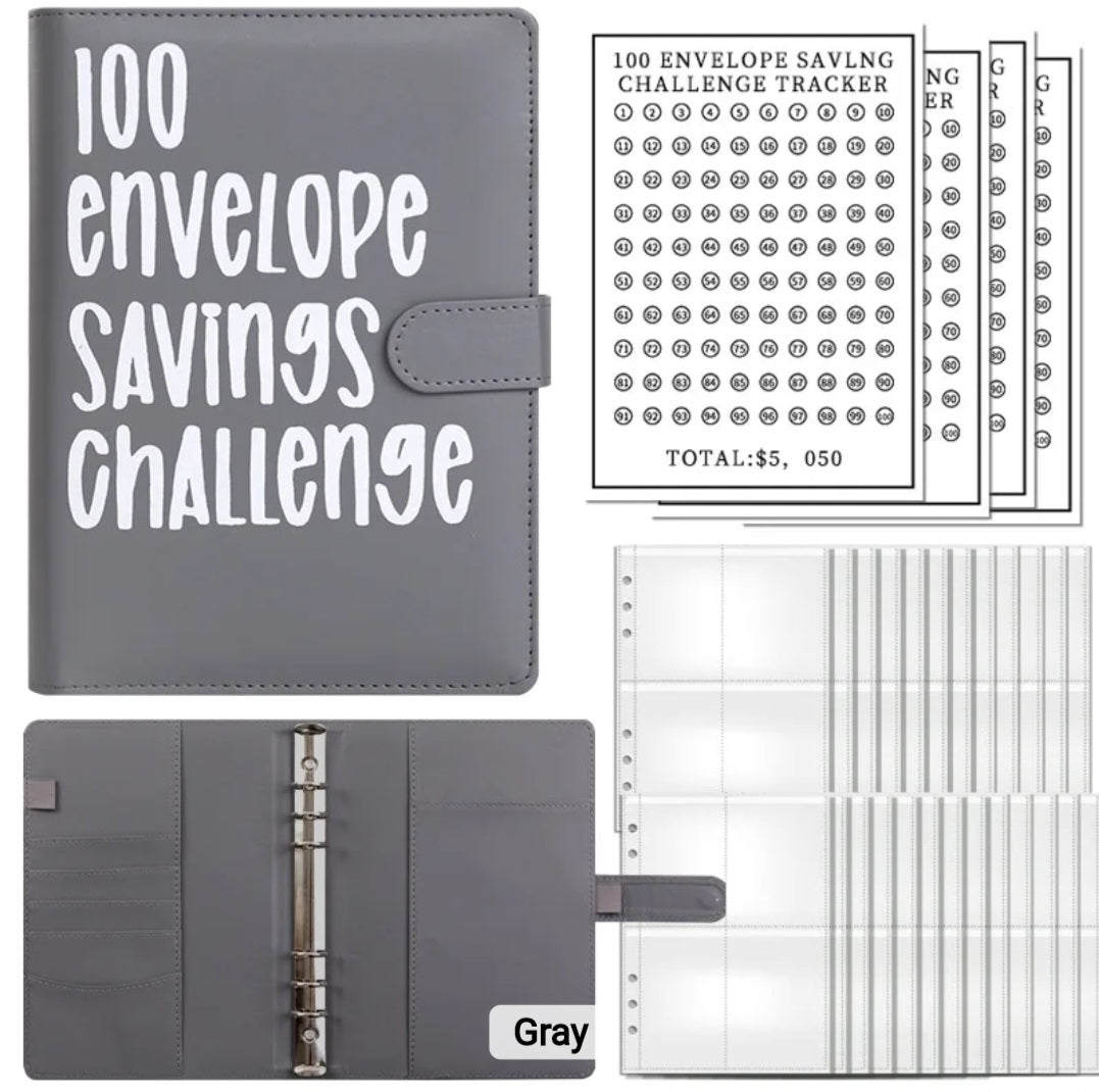 Gray-Color, 100 Envelope money savings challenge, Budget binder/book, with stuffing cash envelopes, sinking funds cash, debt goals payoff