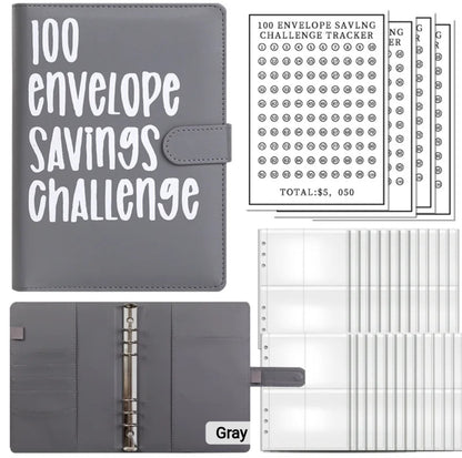 Gray-Color, 100 Envelope money savings challenge, Budget binder/book, with stuffing cash envelopes, sinking funds cash, debt goals payoff