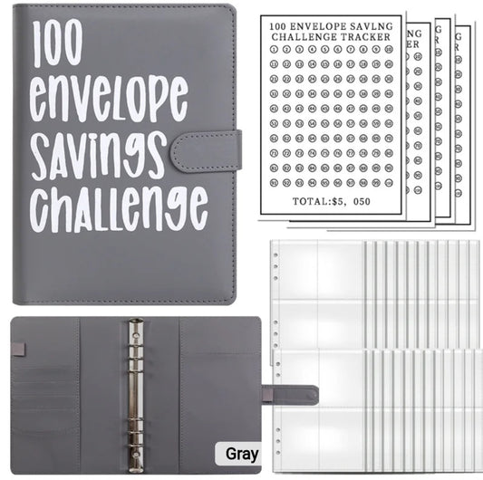 Gray-Color, 100 Envelope money savings challenge, Budget binder/book, with stuffing cash envelopes, sinking funds cash, debt goals payoff