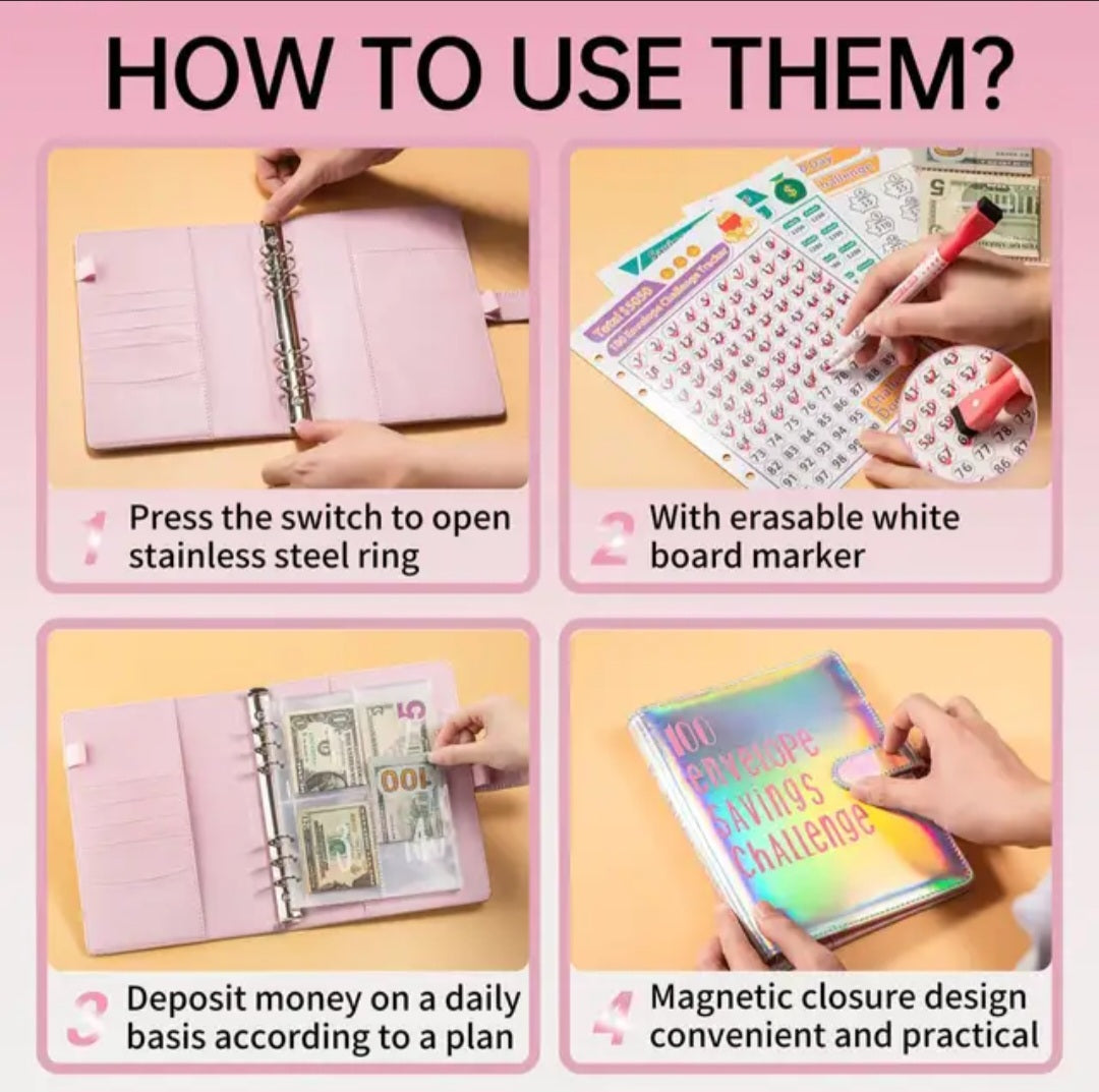 Blue-Color, 100 Envelope money savings challenge, Budget binder/book, with stuffing cash envelopes, sinking funds cash, debt goals payoff
