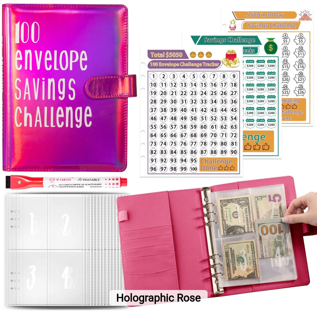 Holographic Rose-Color, 100 Envelope money savings challenge, Budget binder/book, with stuffing cash envelopes, sinking funds cash, debt goals payoff