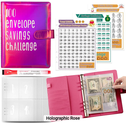 Holographic Rose-Color, 100 Envelope money savings challenge, Budget binder/book, with stuffing cash envelopes, sinking funds cash, debt goals payoff