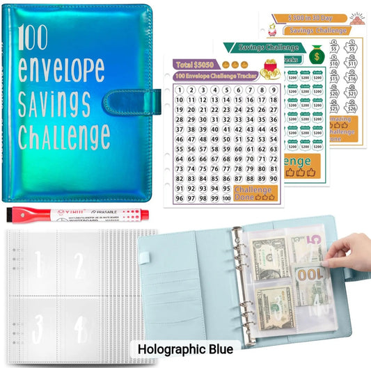 Holographic Blue-Color, 100 Envelope money savings challenge, Budget binder/book, with stuffing cash envelopes, sinking funds cash, debt goals payoff