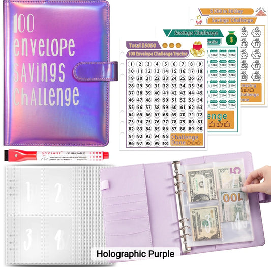 Holographic Purple-Color, 100 Envelope money savings challenge, Budget binder/book, with stuffing cash envelopes, sinking funds cash, debt goals payoff