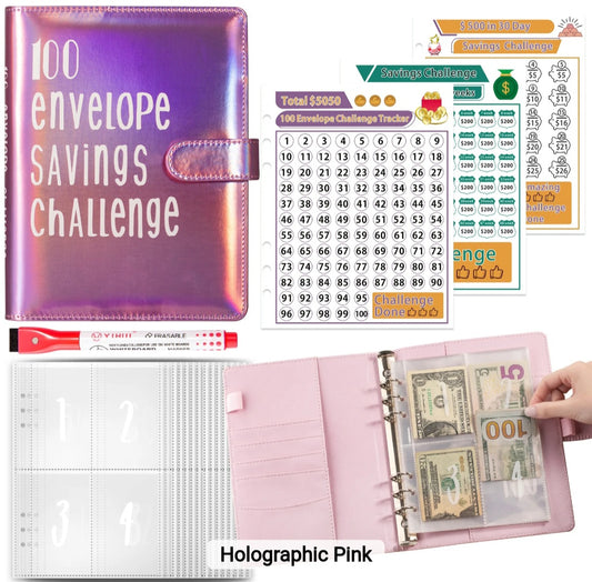 Holographic Pink-Color, 100 Envelope money savings challenge, Budget binder/book, with stuffing cash envelopes, sinking funds cash, debt goals payoff