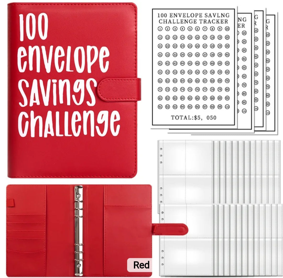 Red-Color, 100 Envelope money savings challenge, Budget binder/book, with stuffing cash envelopes, sinking funds cash, debt goals payoff