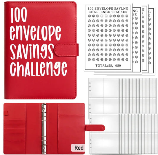 Red-Color, 100 Envelope money savings challenge, Budget binder/book, with stuffing cash envelopes, sinking funds cash, debt goals payoff