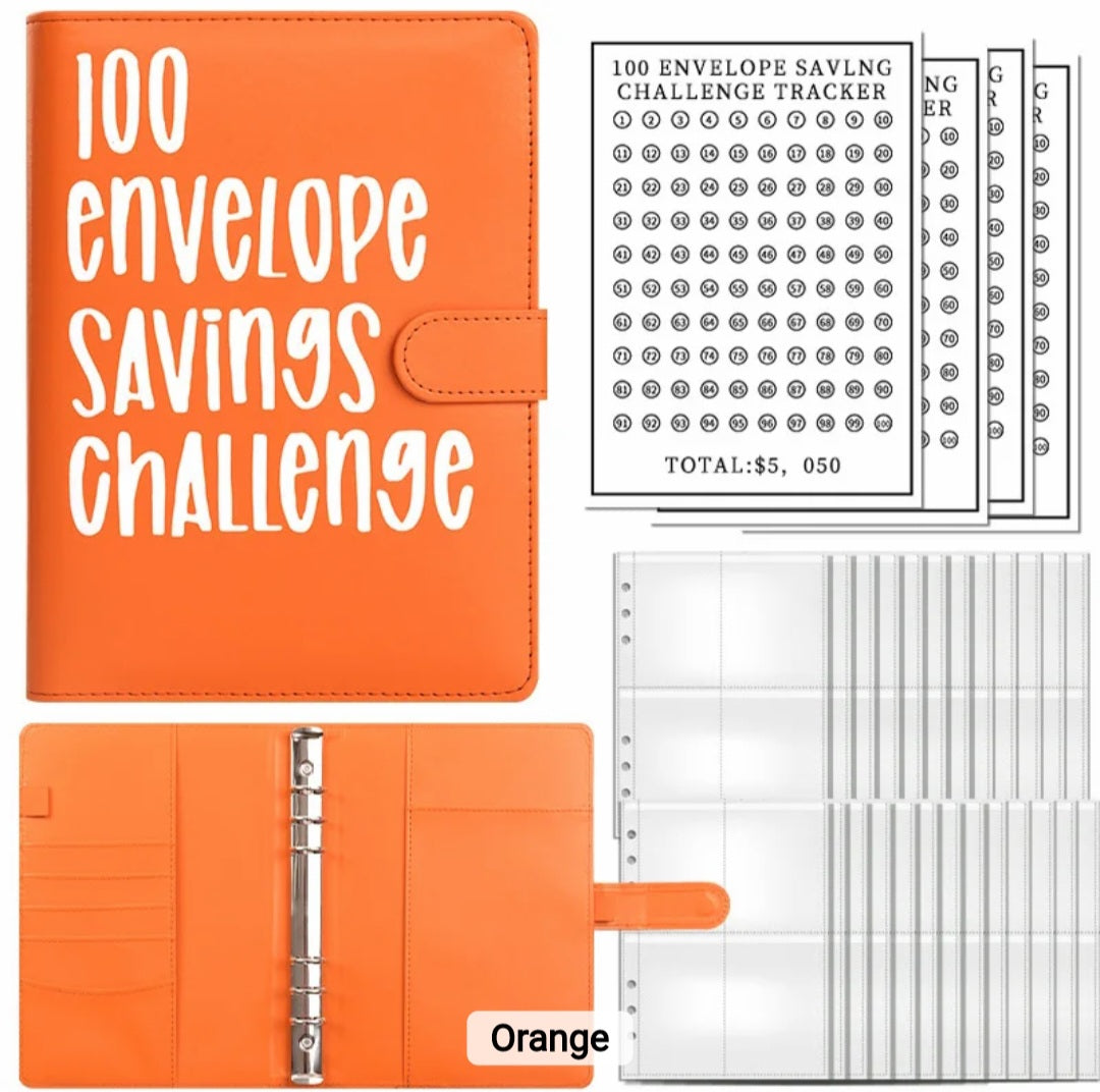 Orange-Color, 100 Envelope money savings challenge, Budget binder/book, with stuffing cash envelopes, sinking funds cash, debt goals payoff