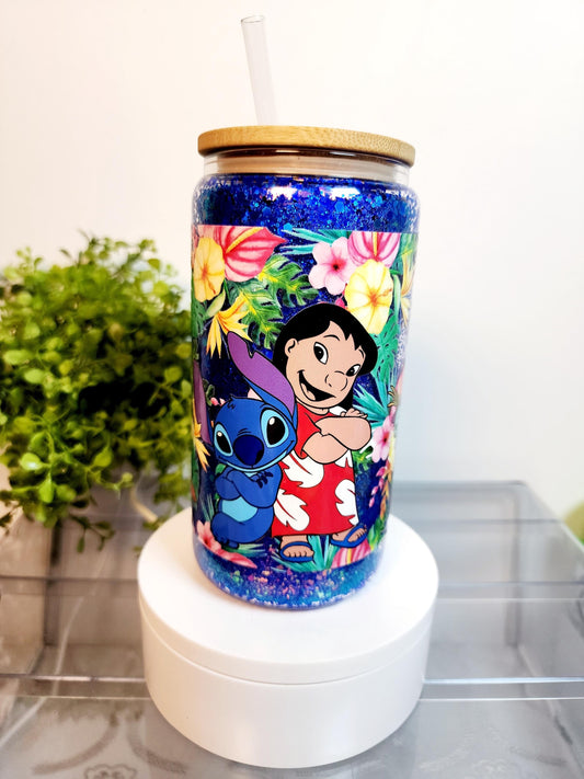 Stitch Snow Globe Cup/Tumbler/Can, (16 oz.) Comes with lid and straw