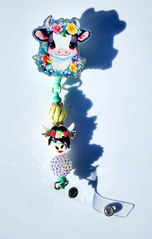 Cow Character Beaded Badge Reel, Retractable ID, Medical Healthcare Nurse Badge teacher clip pin holder, Gifts