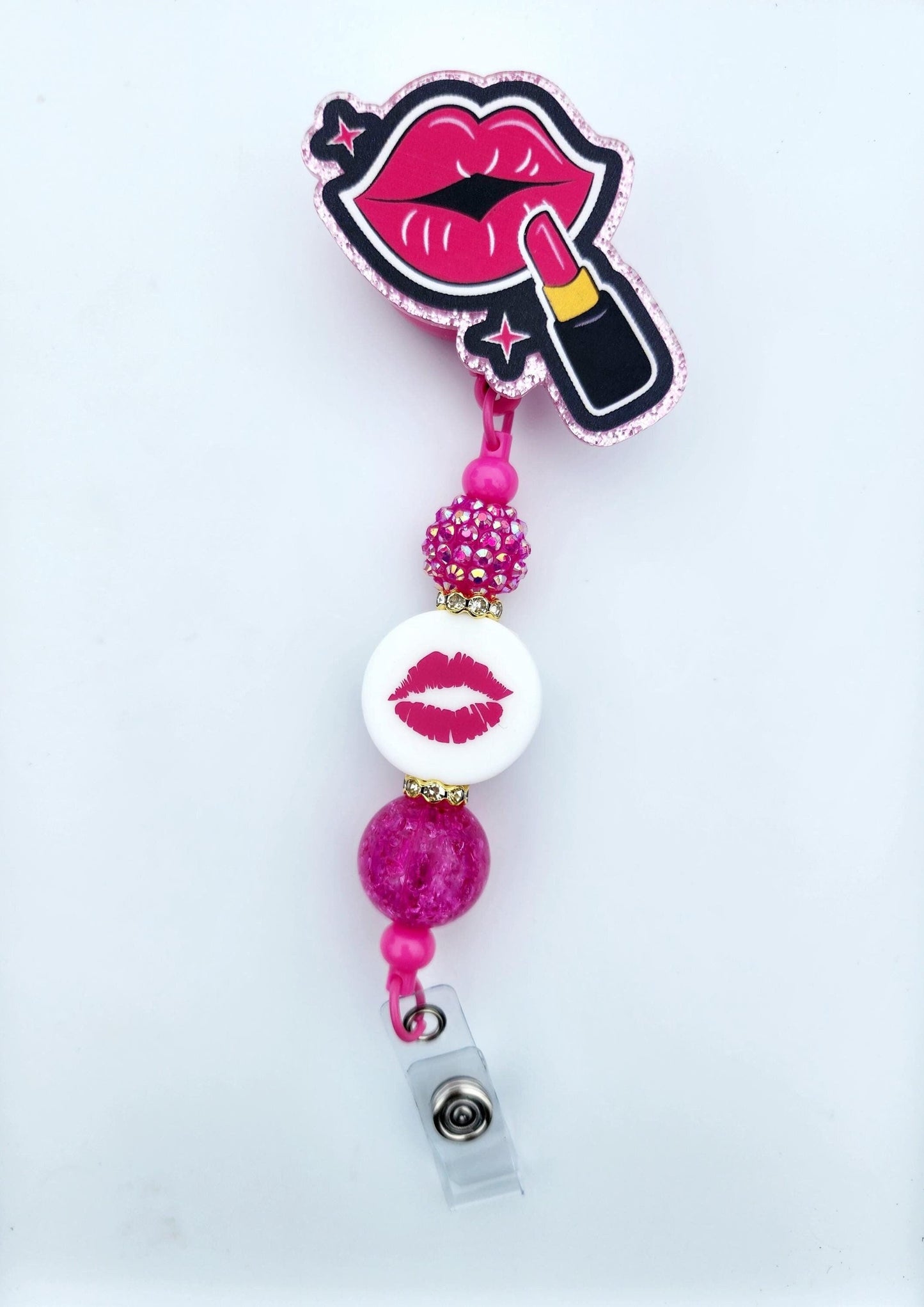 Makeup artist lipstick lips, Character Beaded Badge Reel, Retractable ID, Medical Healthcare Nurse Badge teacher clip pin holder, Gifts
