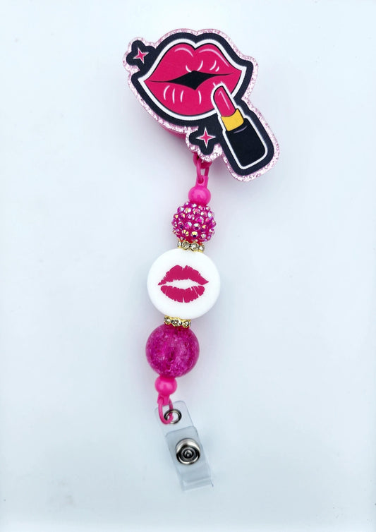 Makeup artist lipstick lips, Character Beaded Badge Reel, Retractable ID, Medical Healthcare Nurse Badge teacher clip pin holder, Gifts