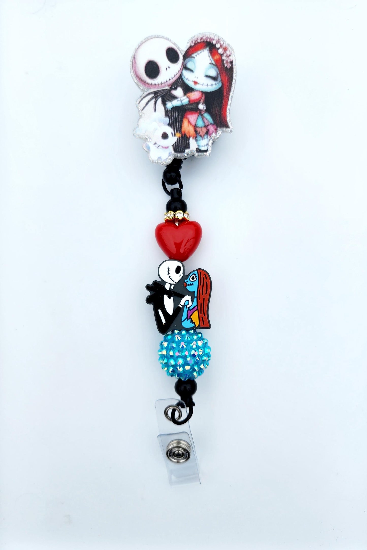 Jack and Sally Character Beaded Badge Reel, Retractable ID, Medical Healthcare Nurse Badge teacher clip pin holder, Gifts