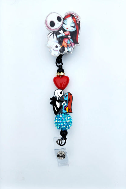 Jack and Sally Character Beaded Badge Reel, Retractable ID, Medical Healthcare Nurse Badge teacher clip pin holder, Gifts