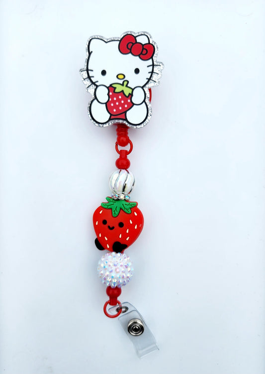 HK Hello Kitty strawberry Character Beaded Badge Reel, Retractable ID, Medical Healthcare Nurse Badge teacher clip pin holder, Gifts