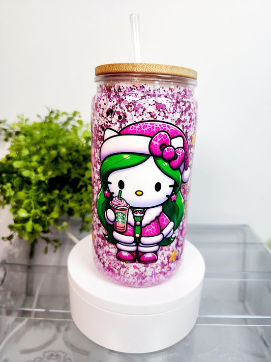 Kitty Snow Globe Cup/Tumbler/Can, (16 oz.) Comes with lid and straw